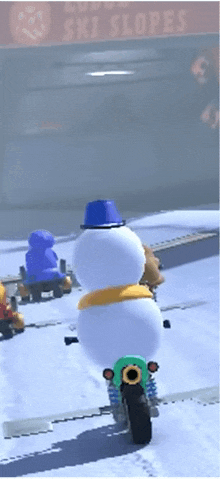 a snowman is riding a motorcycle in front of a sign for ski slopes