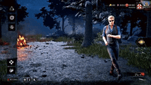 a screenshot of a video game shows a man standing in the grass