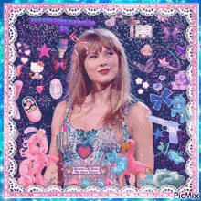 a picture of taylor swift is surrounded by pink and purple toys