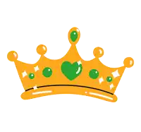 a yellow crown with green gems and a green heart on it