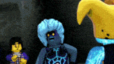 a group of lego characters are standing next to each other and one of them has blue hair