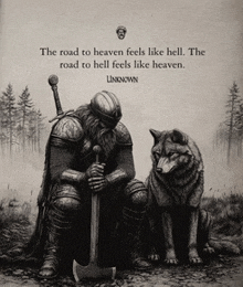 a man with a sword and an axe sits next to a wolf with an unknown quote