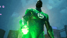 a man in a green lantern suit is holding a green light in his hand