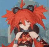 a girl with red hair and bear ears is wearing a crop top