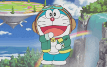 a cartoon character named doraemon wearing headphones and a helmet
