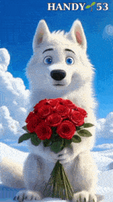 a white cartoon dog is holding a bouquet of red roses with the number 53 above it