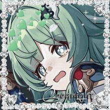 a picture of a girl with green hair and the words goodnight on it
