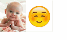 a little girl is crying next to an emoji that looks sad