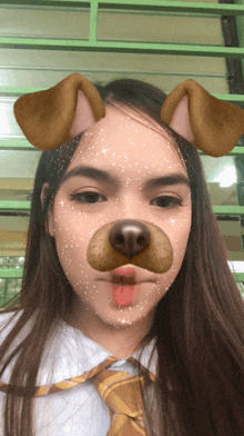 a girl wearing a dog mask with ears and a tongue sticking out