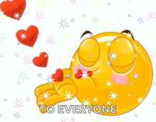 a yellow smiley face is blowing kisses to everyone surrounded by hearts and stars .