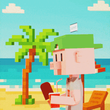 a pixel art drawing of a man on a beach with a speech bubble that says summer