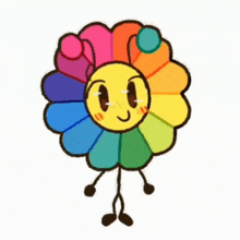 a cartoon drawing of a colorful flower with a face and arms .
