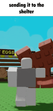 a cartoon character is standing in front of a sign that says eggs .