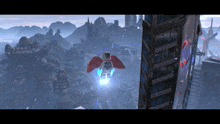 a lego figure with wings is flying through the air