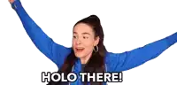 a woman with her arms outstretched and the words holo there on the bottom