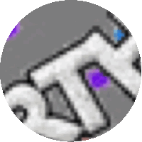 a close up of a pixel art drawing of a hand in a circle with purple dots .