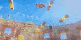 a cartoon character is flying through the air in front of a building .