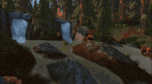 a bear standing on a rock near a waterfall in a video game