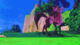 a cartoon fox is standing in a grassy field with trees in the background