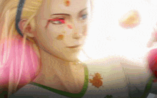 a close up of a cartoon character 's face with blood on it 's face .