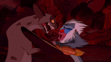 a hyena and a baboon are fighting each other