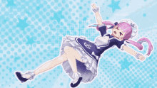 a girl with pink hair and a maid outfit is laying on her back