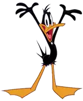 a cartoon character named daffy duck is standing with his arms in the air