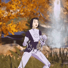 a woman in a purple and white superhero outfit with the number 1 on her chest