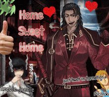 a man in a suit giving a thumbs up with the words home sweet home