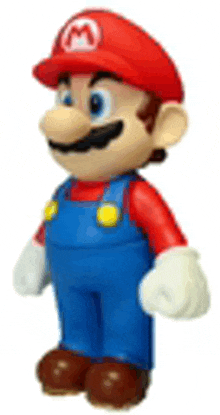 a close up of a toy mario with a red hat and blue overalls on a white background .