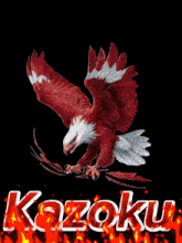 a picture of an eagle with flames behind it and the name kazoku