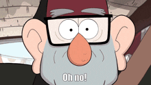 a cartoon character with glasses and a nose saying oh no