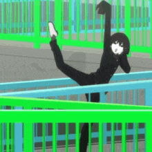 a cartoon character is doing a trick on a green railing .