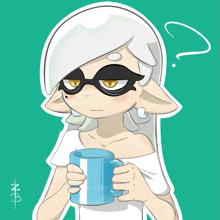 a cartoon drawing of a girl holding a blue mug