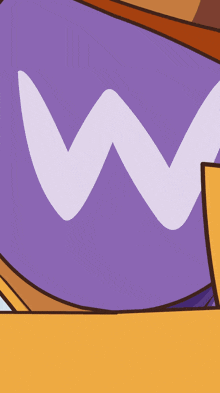 a close up of a cartoon character with a purple background and a white w