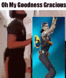 a man in a black shirt is standing next to a picture of a man in a black shirt holding a gun .