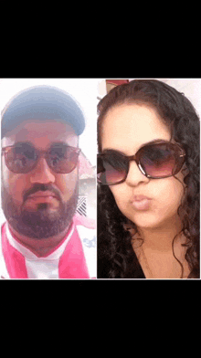 a man with a beard and a woman with sunglasses