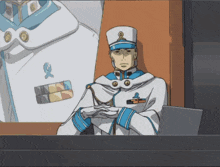a man in a white and blue uniform has a medal on his chest that says ' a '