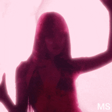 a silhouette of a woman behind a pink curtain with the letters ms visible