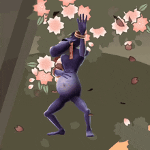 a purple frog is dancing in front of flowers