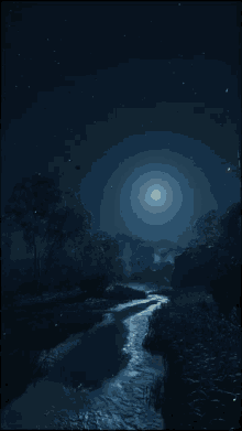 a full moon shines brightly over a stream