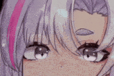 a close up of a anime girl 's eyes with a pink stripe on her hair