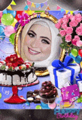 a woman in a hijab is surrounded by balloons and cupcakes with a happy birthday sign in the background