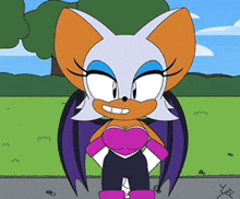 a cartoon of rouge the bat from sonic the hedgehog standing on a sidewalk