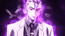 a man in a suit and tie is surrounded by purple smoke .