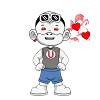 a cartoon character with a u on his shirt and shorts