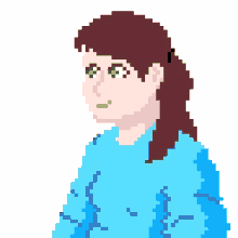 a pixel art of a woman in a blue sweater