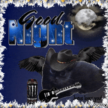 a picture of a black cat with a guitar and a can of monster
