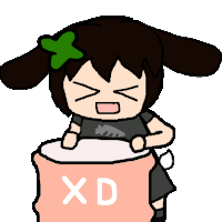 a cartoon of a girl holding a pink bag that says xd