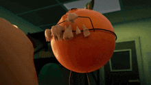 a cartoon orange with a mouth full of teeth and the words everything below it